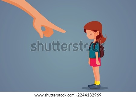 
Authoritarian Parent Punishing and Scolding School Girl Vector Cartoon Illustration. Sad daughter being reprimanded by demanding 
