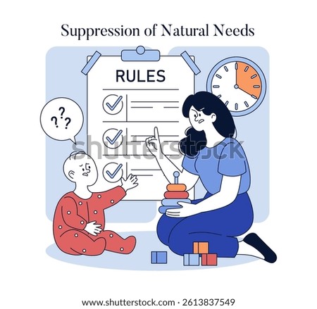 Authoritarian parenting illustrated through a strict mother teaching rules to a confused child. The atmosphere reflects tension between discipline and natural curiosity in a home setting. Vector