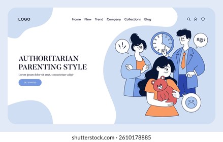 Authoritarian parenting style depicted in a modern illustration. It highlights strict discipline and control in parenting, illustrating parents expressing authority and children feeling pressure