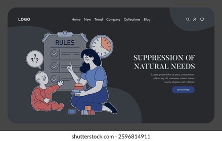 Authoritarian parenting style focuses on strict rules and expectations. It often leads to the suppression of children's natural needs and emotions. The illustration captures a tense dynamic between