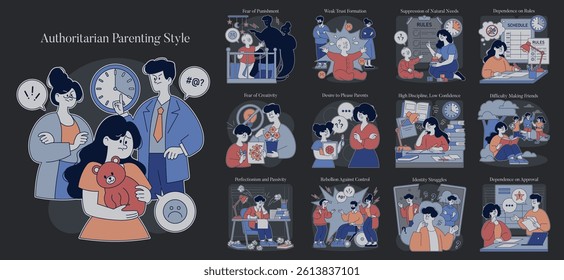 Authoritarian Parenting Style illustration. This artwork explores the restrictive nature of authoritarian parenting, showcasing fear of punishment, low trust, and challenges in relationships and