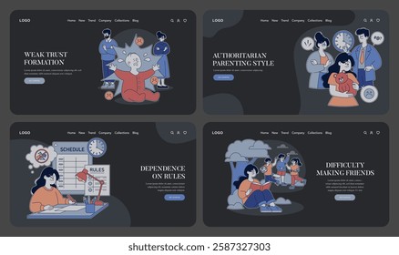 Authoritarian parenting style impact on child behavior and emotional development. Examines strict rules, limited freedom, fostering weak trust and difficulties in social interactions. Vector
