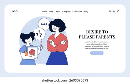 Authoritarian parenting style often creates a desire for approval in children. This illustration captures the tension between a strict parent and a child seeking validation through art. Vector