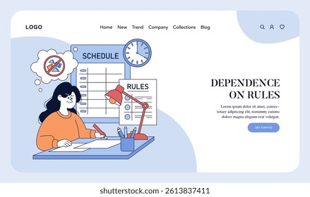 Authoritarian parenting style represented through a student feeling anxious about strict rules and schedules. The illustration captures the stress of conformity to guidelines in daily life. Vector