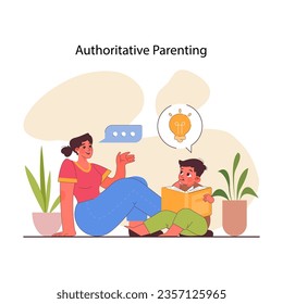 Authoritative parenting. Children raising method, kids upbringing and education by explaining rules, discussing, and reasoning. Supportive mom encourage a boy to read a book. Vector flat illustration