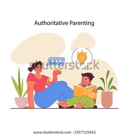 Authoritative parenting. Children raising method, kids upbringing and education by explaining rules, discussing, and reasoning. Supportive mom encourage a boy to read a book. Vector flat illustration