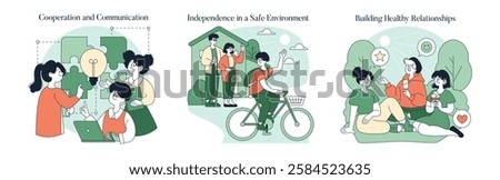 Authoritative Parenting Style concept. Key aspects include cooperation, independence, and healthy relationships among children. It fosters emotional growth and social skills in a nurturing environment