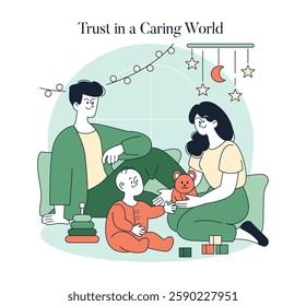 Authoritative parenting style promotes trust and emotional connection. Scene of caring parents interacting warmly with their child, fostering development through love, support, and guidance. Vector