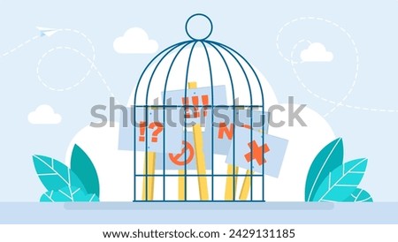 The authorities suppress the picket. Ban on protests. Banners with protest slogans in a cage. Struggle for rights concept. Empty protest sign. Picket sign. Propaganda poster. Vector illustration