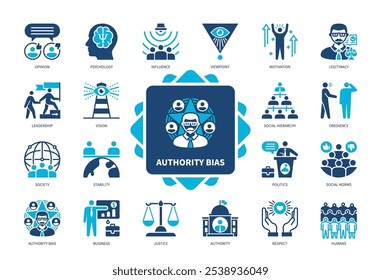 Symbolsatz für Autoritätsvorspannung. Standpunkt, Psychologie, Legitimität, soziale Hierarchie, Führung, Respekt, Stabilität, Normen. Duotonfarben-Volltonsymbole