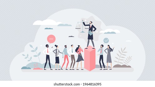 Authority as governmental and political leadership power tiny person concept. Leader domination and control over community vector illustration. Fair, confident hierarchy with judgment and justice.