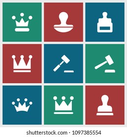 Authority icon. collection of 9 authority filled icons such as stamp, crown, auction hummer. editable authority icons for web and mobile.