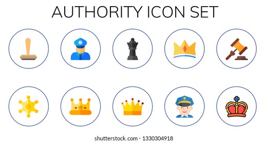 authority icon set. 10 flat authority icons.  Collection Of - stamp, sheriff, policeman, crown, queen, auction