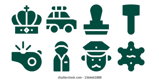 authority icon set. 8 filled authority icons.  Collection Of - Whistle, Crown, Policeman, Police car, Stamp, Sheriff, Mallet