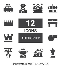 authority icon set. Collection of 12 filled authority icons included Queen, Manipulator, Puppet, Whistle, Crown, Punishment, Policeman, Police car