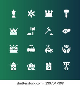 authority icon set. Collection of 16 filled authority icons included Puppet, Vip pass, Crown, Queen, Police car, Whistle, Auction hammer, Auction, Mallet, Sheriff
