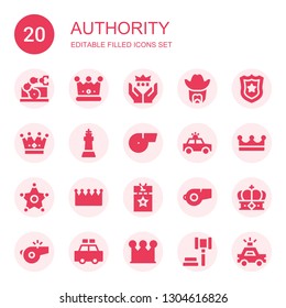authority icon set. Collection of 20 filled authority icons included Manipulator, Crown, Sheriff, Police badge, King, Whistle, Police car, Vip pass, Auction