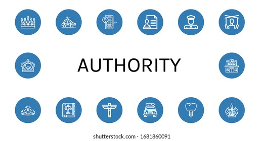 authority icon set. Collection of Crown, Police car, Auction, Stamp, Policeman, Puppet, Law book, Scepter, Police station icons
