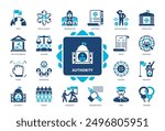 Authority icon set. Judiciary, Legislature, Governance, Rules, Decision Making, State, Army, Freedom. Duotone color solid icons