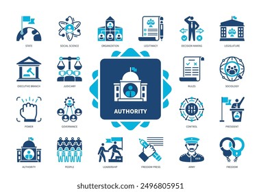 Authority icon set. Judiciary, Legislature, Governance, Rules, Decision Making, State, Army, Freedom. Duotone color solid icons