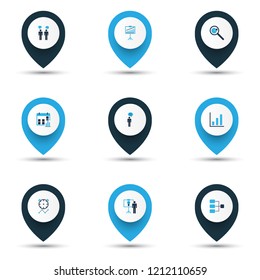 Authority icons colored set with connection network, research, idea discussions and other progress elements. Isolated vector illustration authority icons.