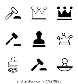 Authority icons. set of 9 editable filled and outline authority icons such as auction hummer, stamp, crown