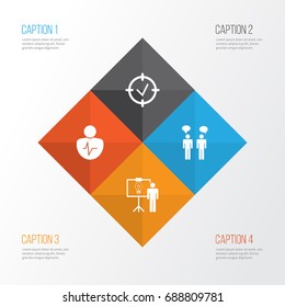 Authority Icons Set. Collection Of Solution Demonstration, Approved Target, Personal Character And Other Elements. Also Includes Symbols Such As Target, Trait, Project.