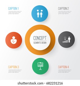 Authority Icons Set. Collection Of Team Meeting, Decision Making, Report Demonstration And Other Elements. Also Includes Symbols Such As Idea, Chracater, Progress.