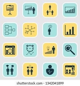 Authority icons set with communication, statistical presentation, connection network and other system structure elements. Isolated vector illustration authority icons.
