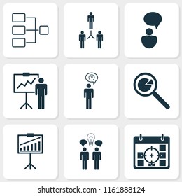 Authority icons set with connection network, personal presentation, statistic research and other system structure elements. Isolated vector illustration authority icons.