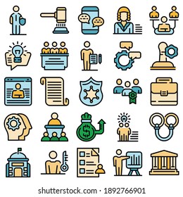 Authority icons set. Outline set of authority vector icons thin line color flat on white