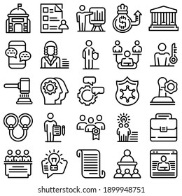 Authority icons set. Outline set of authority vector icons for web design isolated on white background