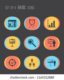 Authority icons set with project goals, statistical presentation, project deadlines and other report demonstration elements. Isolated vector illustration authority icons.