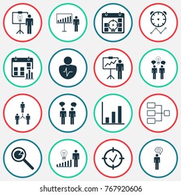 Authority icons set with special demonstration, project presentation, bar chart and other bar chart elements. Isolated vector illustration authority icons.