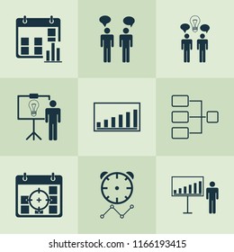 Authority icons set with team brainstorming, idea discussions, idea presentation and other project targets elements. Isolated vector illustration authority icons.