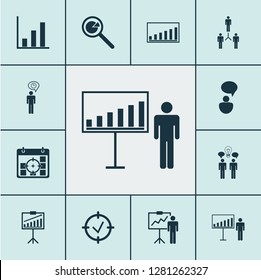 Authority icons set with time management, business demonstration, statistical presentation and other planning elements. Isolated vector illustration authority icons.