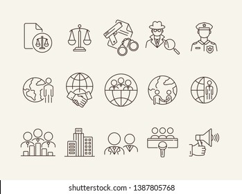 Authority line icon set. Police officer, detective, globe, handshake. Authority concept. Can be used for topics like foreign relations, politics, human right court