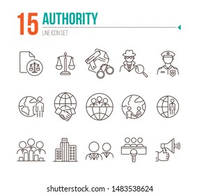 Authority line icon set. Police officer, detective, globe, handshake. Authority concept. Can be used for topics like foreign relations, politics, human right court