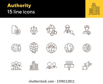 Authority line icon set. Police officer, detective, globe, handshake. Authority concept. Can be used for topics like foreign relations, politics, human right court