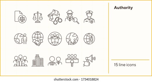 Conjunto de iconos de la línea de autoridad. Oficial de policía, detective, globo, apretón de manos. Concepto de autoridad. Se puede usar para temas como relaciones exteriores, política, tribunales de derechos humanos