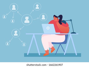Authority and Responsibilities Delegation Concept. Productive Business Woman Working on Laptop with Arrow Scheme of Delegating Workflow Tasks, Structure of Management Cartoon Flat Vector Illustration