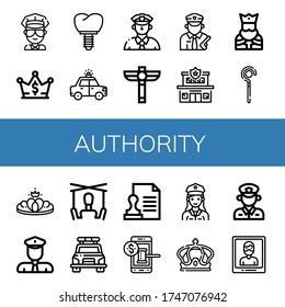 authority simple icons set. Contains such icons as Cop, Crown, Police car, Scepter, Policeman, Police station, King, Sceptre, Puppet, Stamp, can be used for web, mobile and logo