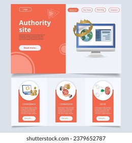 Plantilla del sitio web de la página de aterrizaje plana de la Autoridad. Cobertura, comisión, nicho. Banner web con encabezado, contenido y pie de página. Ilustración vectorial.