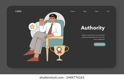 Authority in Task Delegation concept. Confident leader with a star rating and trophy, symbolizing successful management and accomplishment. Vector illustration.