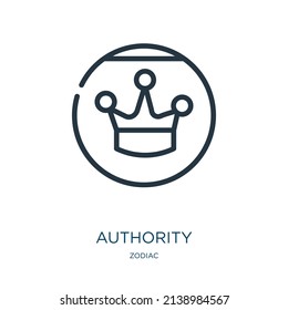 icono de la línea delgada de la autoridad. ley, documentos iconos lineales del concepto zodiac signo de contorno aislado. Elemento de símbolo de ilustración vectorial para diseño web y aplicaciones.