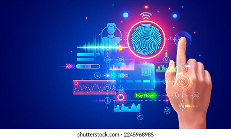 Authorization with fingerprints in banking app for payment. System of Identify person in internet service. Digital access with biometric data technology. Scanner scanning index finger on hand user.