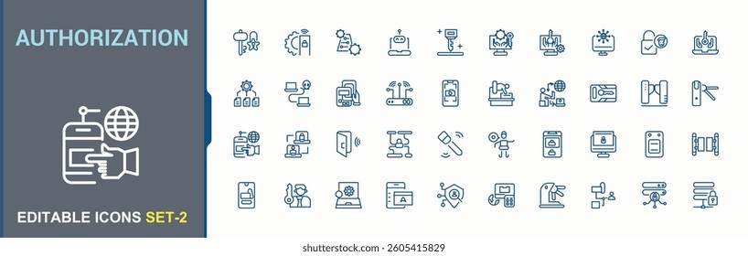 Authorization icon pack. Includes symbols for identity, id, security, access, barrier and more. Access Control related icon set. Minimal icons collection. Editable vector art.