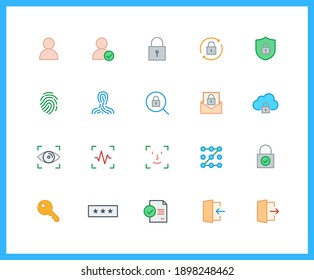 authorization linear icons and color icons. login, logout, password, key, lock. Set of pattern, recognition symbols drawn with thin contour lines. Vector illustration.