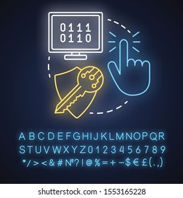 Authorization neon light concept icon. Software development idea. Data encryption. Privacy protection. Glowing sign with alphabet, numbers and symbols. Vector isolated illustration