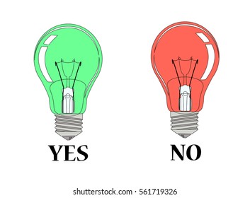 authorization and refusal concept, two bulps one green and one red with inscription ``Yes`` and ``No`` on white background, vector